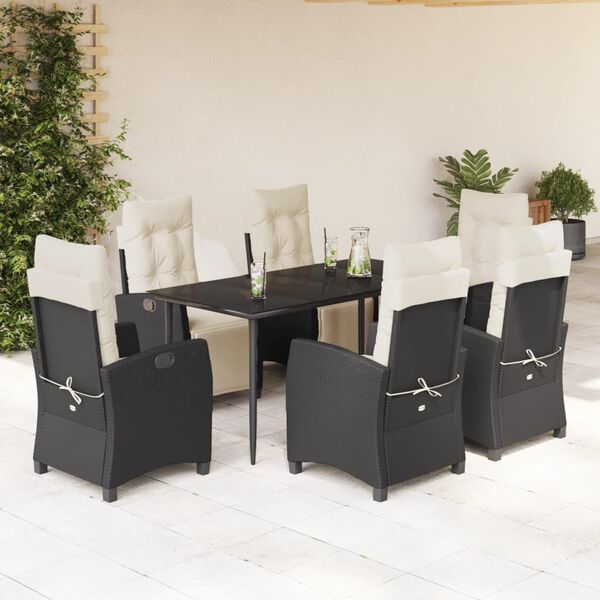 vidaXL 7 pcs conjunto de jantar p/ jardim c/ almofad&otilde;es vime PE preto