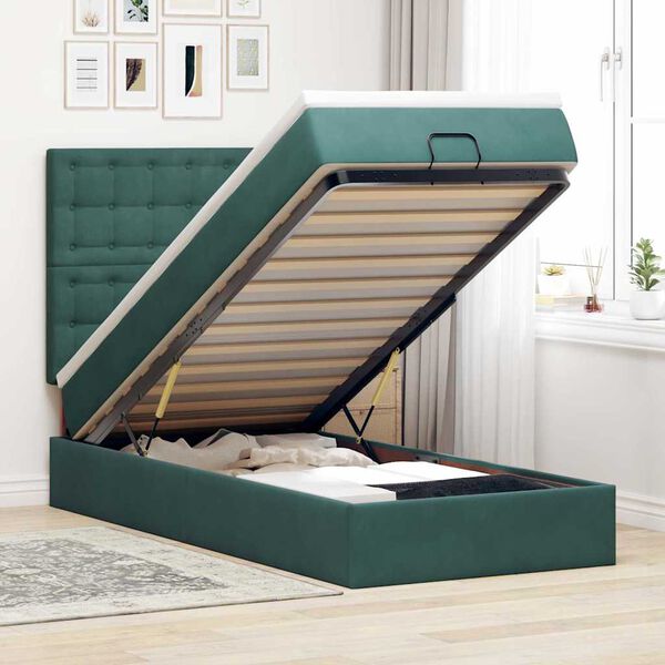 vidaXL Estrutura cama otomana colch&otilde;es 80x200cm veludo verde escuro