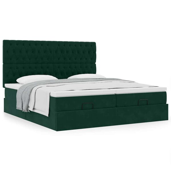 vidaXL Estrutura de cama otomana com colch&atilde;o verde escuro veludo
