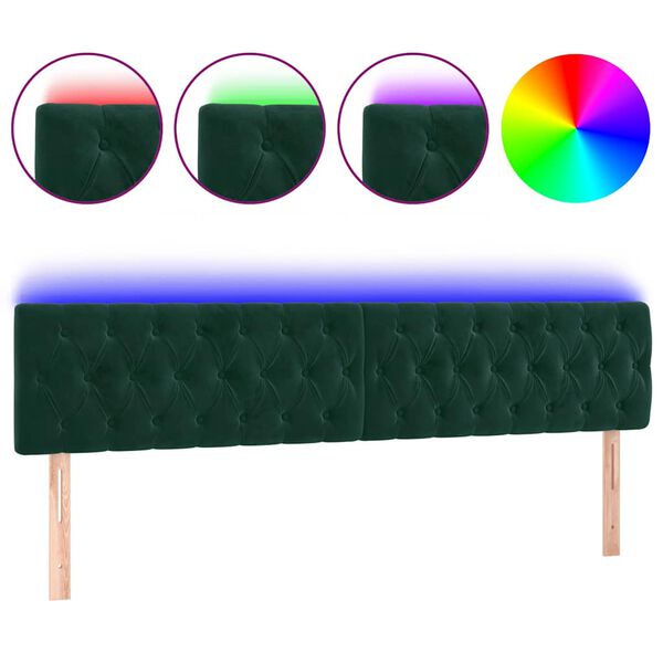 vidaXL Cabeceira de cama c/luzes LED veludo 200x7x78/88cm verde-escuro