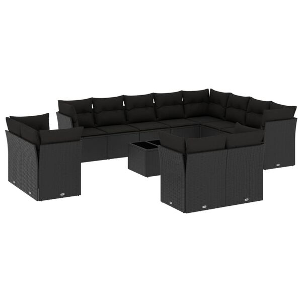 vidaXL 13 pcs conjunto de sof&aacute;s de jardim com almofad&otilde;es vime PE preto
