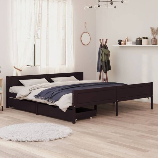 vidaXL Cama com 2 gavetas 200x200 cm pinho maci&ccedil;o castanho-escuro