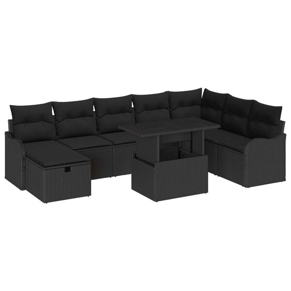 vidaXL Conjunto de Sof&aacute; de Jardim 9 pcs Preto Rattan Sint&eacute;tico