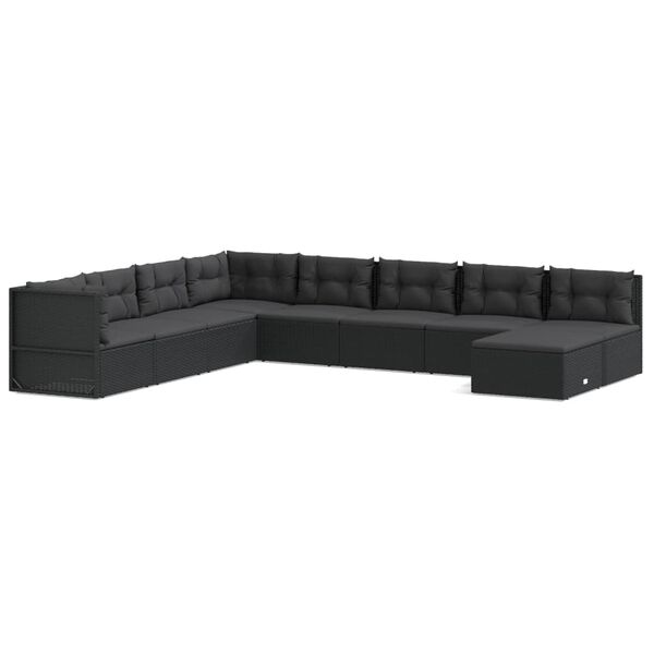 vidaXL 9 pcs conjunto lounge de jardim c/ almofad&otilde;es vime PE preto