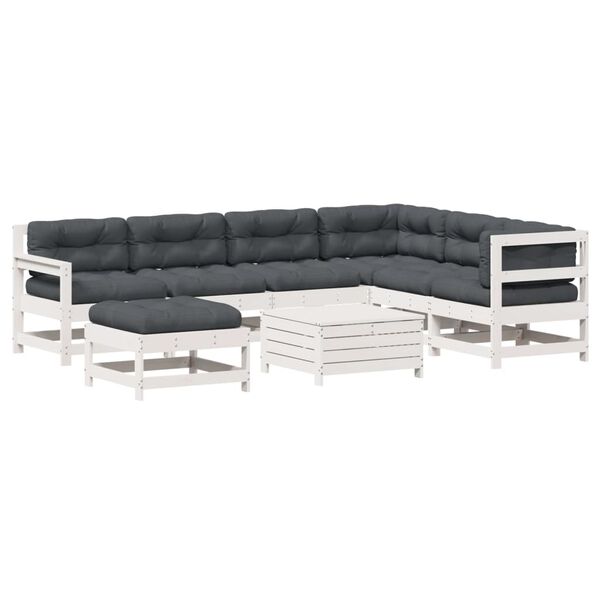 vidaXL 8 pcs conj. lounge de jardim c/ almofad&otilde;es pinho maci&ccedil;o branco