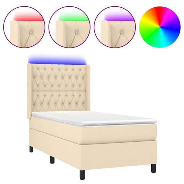 vidaXL Cama box spring c/ colch&atilde;o e LED 90x200 cm tecido cor creme