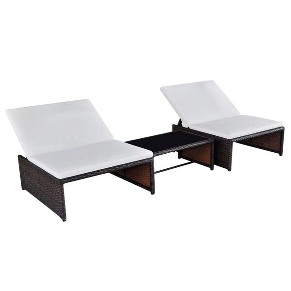 vidaXL Cadeiras jardim reclin&aacute;veis 2 pcs c/ mesa vime PE castanho