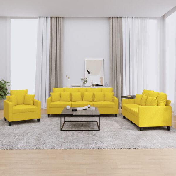 vidaXL 3 pcs conjunto de sof&aacute;s com almofadas tecido amarelo-claro
