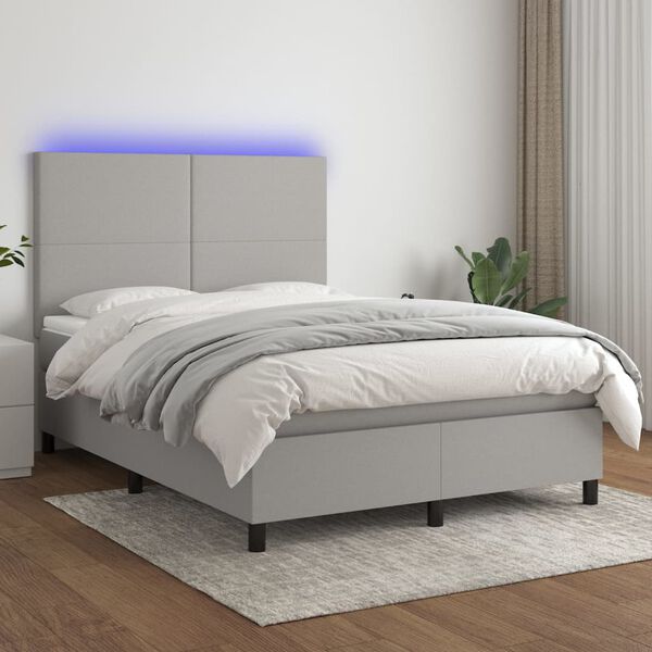 vidaXL Cama box spring c/ colch&atilde;o e LED 140x200 cm tecido cinza-claro