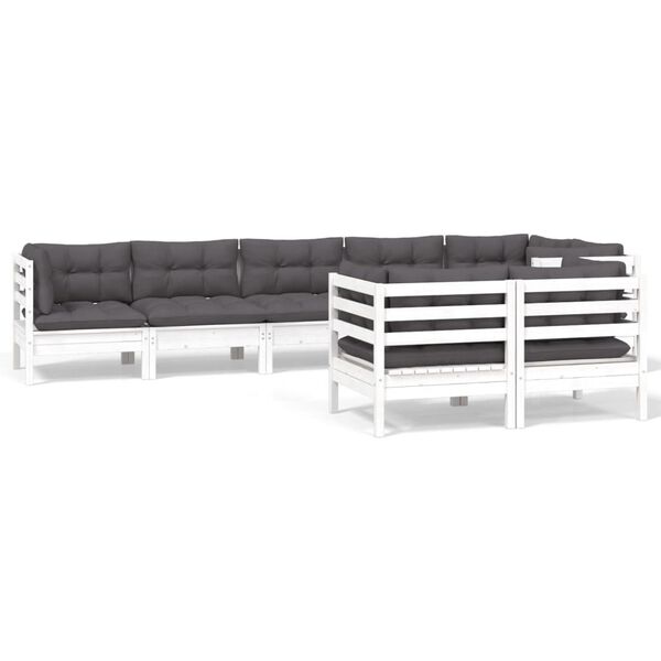 vidaXL 8 pcs conjunto lounge jardim c/ almofad&otilde;es pinho maci&ccedil;o branco