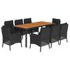 vidaXL 9 pcs conjunto de jantar p/ jardim c/ almofad&otilde;es vime PE preto