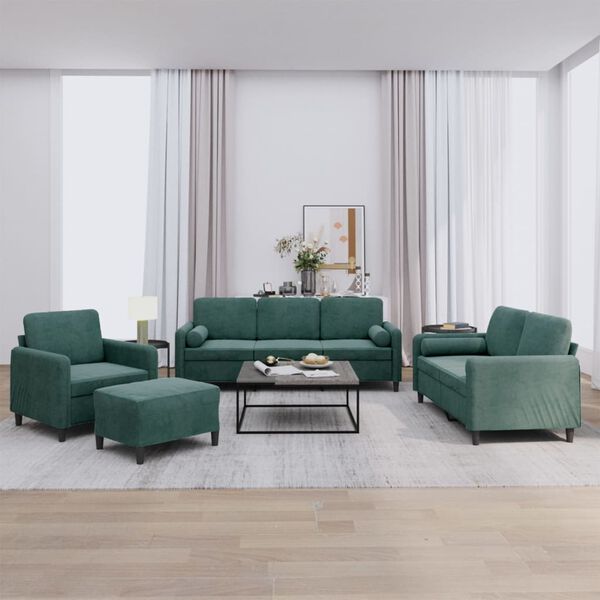 vidaXL 4 pcs conjunto de sof&aacute;s com almofadas veludo verde-escuro