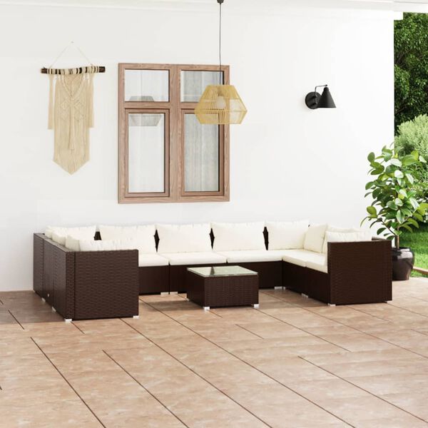 vidaXL 10 pcs conjunto lounge jardim c/ almofad&otilde;es vime PE castanho