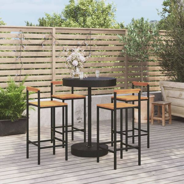 vidaXL 5 pcs conjunto de bar p/ jardim vime PE/acácia maciça preto