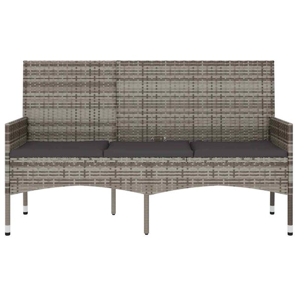 vidaXL Banco de jardim de 3 lugares com almofadões vime PE cinzento