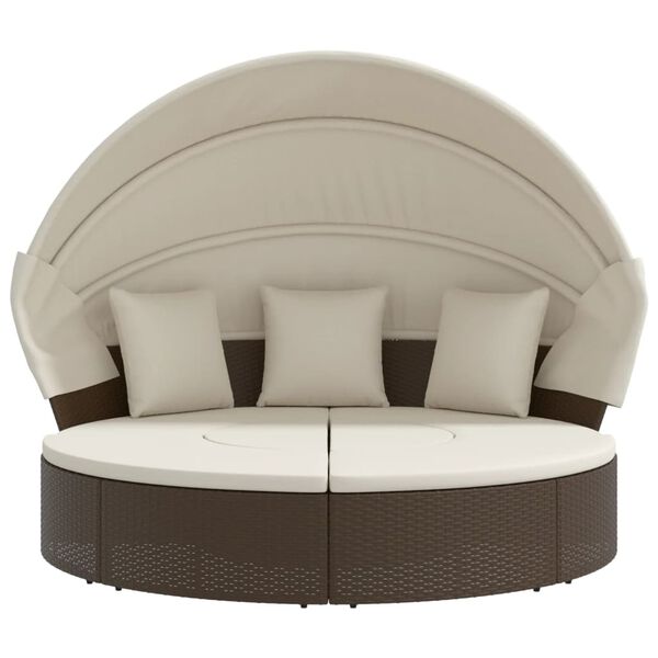 vidaXL Cama lounge de exterior c/ toldo e almofad&otilde;es vime PE castanho
