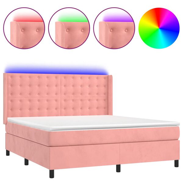vidaXL Cama box spring c/ colch&atilde;o/LED 160x200 cm veludo rosa