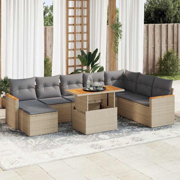 vidaXL 9 pcs conjunto sof&aacute;s jardim com almofad&otilde;es vime PE/ac&aacute;cia bege