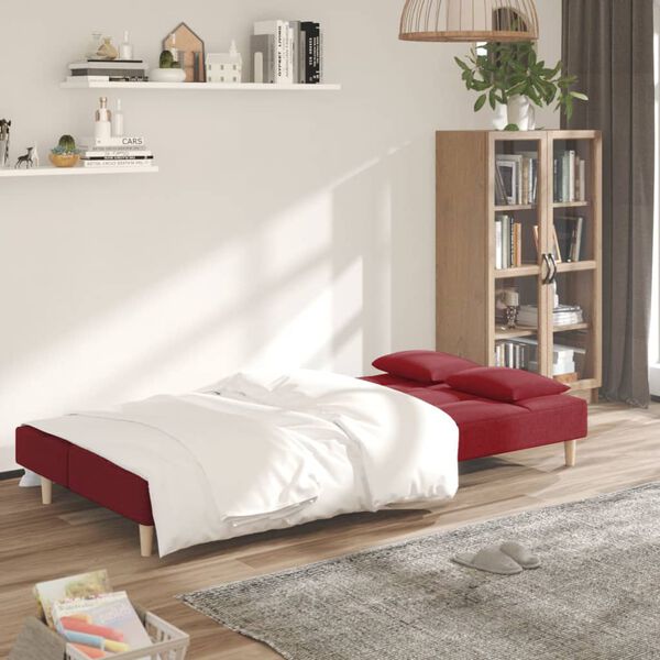 vidaXL Sof&aacute;-cama 2 lugares com duas almofadas tecido vermelho tinto