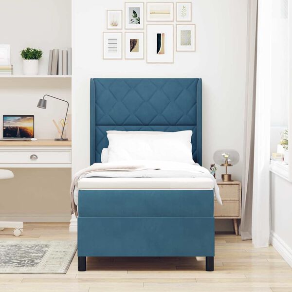 vidaXL Cama Box com colch&atilde;o com cabeceira Azul 90 x 190 cm Veludo