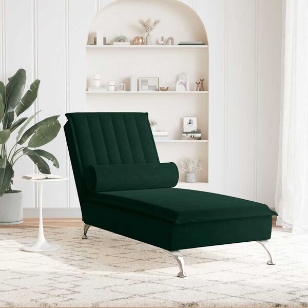 vidaXL Chaise lounge de massagem com rolo tecido verde-escuro