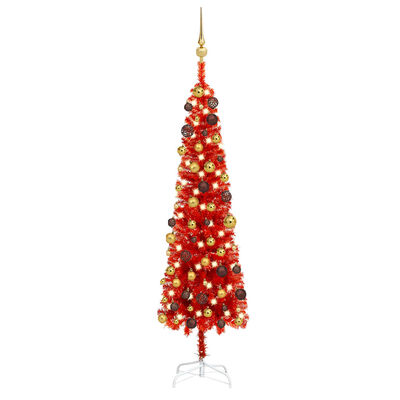 vidaXL Árvore de Natal pré-iluminada fina com bolas 150 cm vermelho