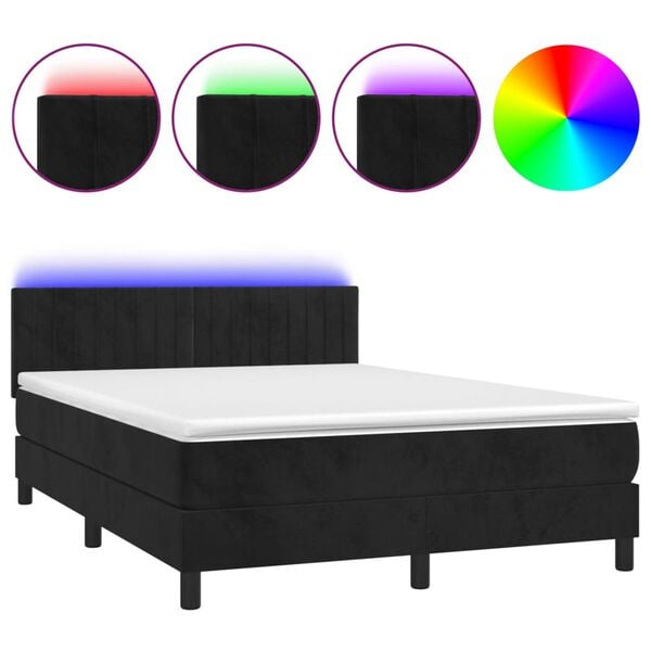 vidaXL Cama box spring c/ colch&atilde;o/LED 140x190 cm veludo preto
