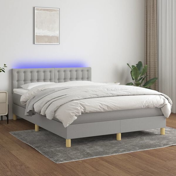vidaXL Cama box spring c/ colch&atilde;o e LED 140x200 cm tecido cinza-claro