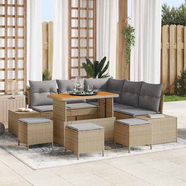 vidaXL Conjunto de Sof&aacute; de Jardim 9 pcs Bege Rattan Sint&eacute;tico