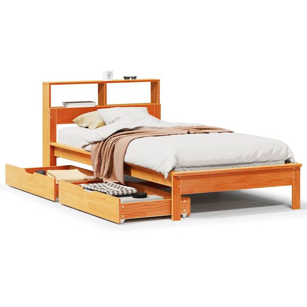 vidaXL Cama com estante sem colch&atilde;o 75x190cm pinho maci&ccedil;o castanho-mel