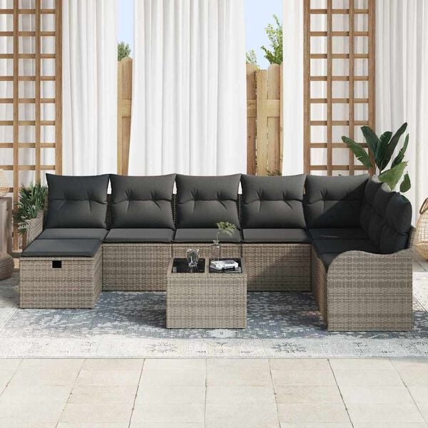 vidaXL Conjunto de Sof&aacute; de Jardim 9 pcs Cinzeto Rattan Sint&eacute;tico