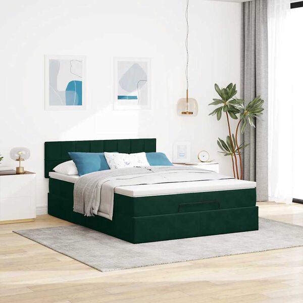 vidaXL Estrutura de cama otomana com colch&atilde;o 140x190cm verde escuro