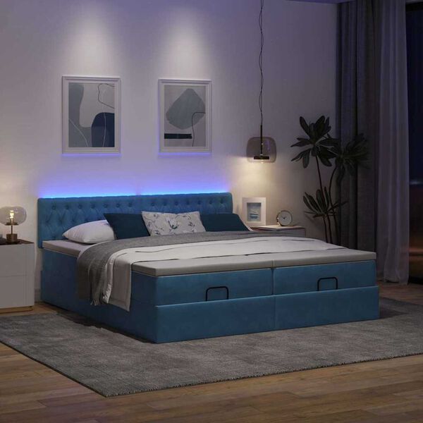 vidaXL Cama otomana com colch&otilde;es/LEDs 200x200 cm veludo azul-escuro