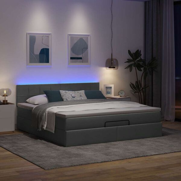 vidaXL Cama Otomana com colch&atilde;o & LEDs 180x200cm tecido cinza-escuro