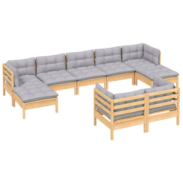 vidaXL 9 pcs conjunto lounge de jardim + almofad&otilde;es cinza pinho maci&ccedil;o