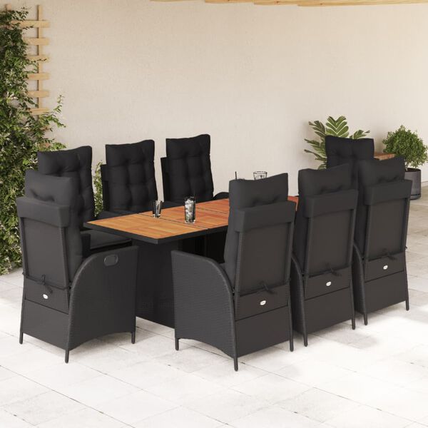 vidaXL 9 pcs conjunto de jantar p/ jardim c/ almofad&otilde;es vime PE preto