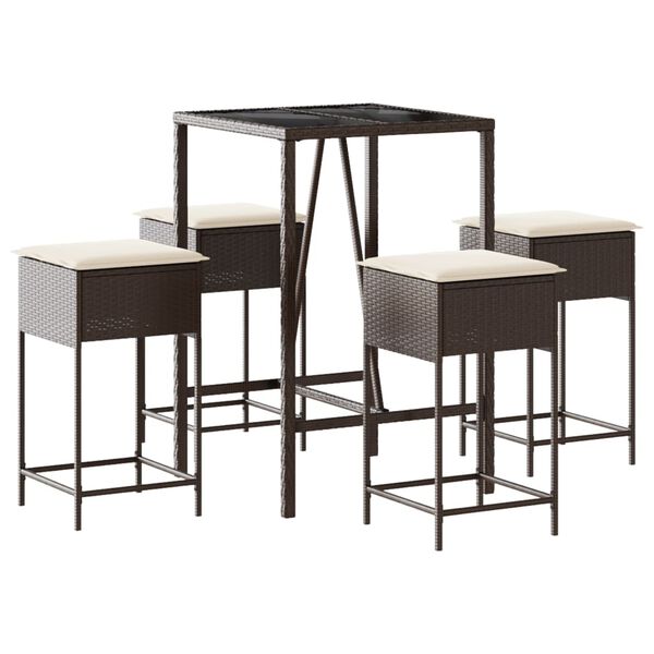 vidaXL 5 pcs conjunto de bar p/ jardim c/ almofad&otilde;es vime PE castanho