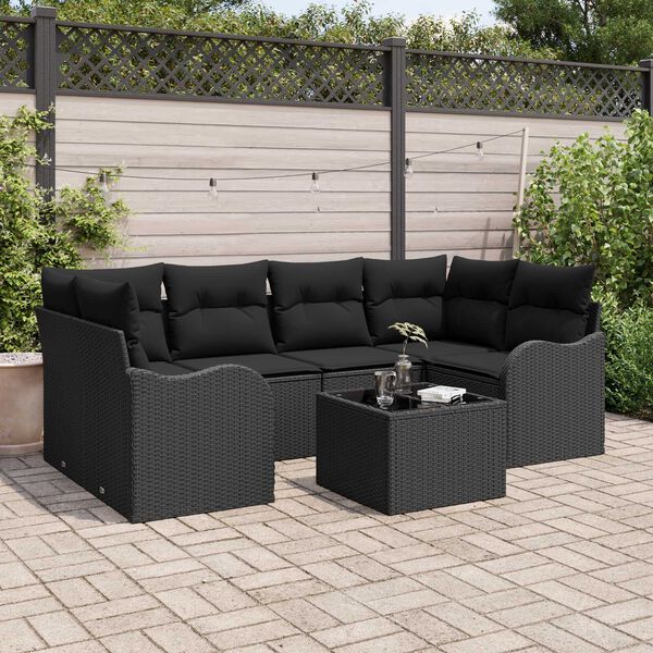 vidaXL Conjunto de Sof&aacute; de Jardim 7 pcs Preto Rattan e A&ccedil;o e Vidro