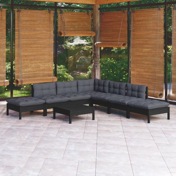 vidaXL 8 pcs conjunto lounge de jardim c/ almofad&otilde;es pinho preto