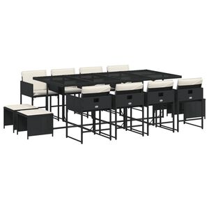 vidaXL 13 pcs conjunto de jantar p/jardim com almofad&otilde;es vime PE preto