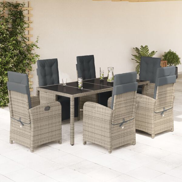 vidaXL 7 pcs conjunto de jantar p/ jardim c/ almofad&otilde;es vime PE cinza