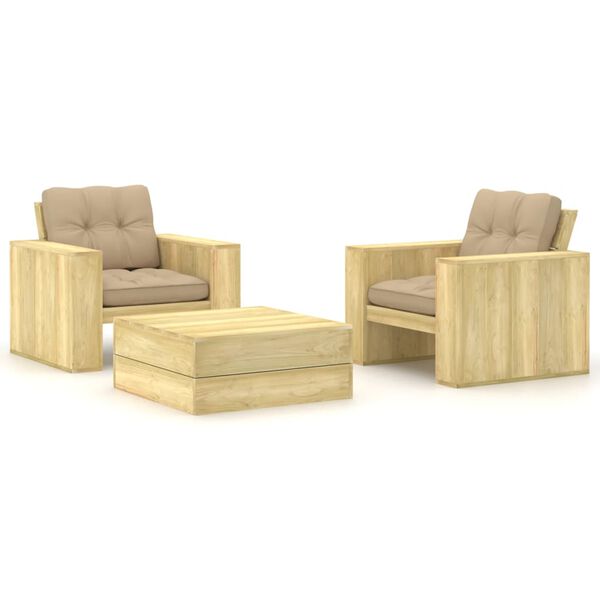 vidaXL 3 pcs conjunto lounge de jardim com almofad&otilde;es pinho impregnado