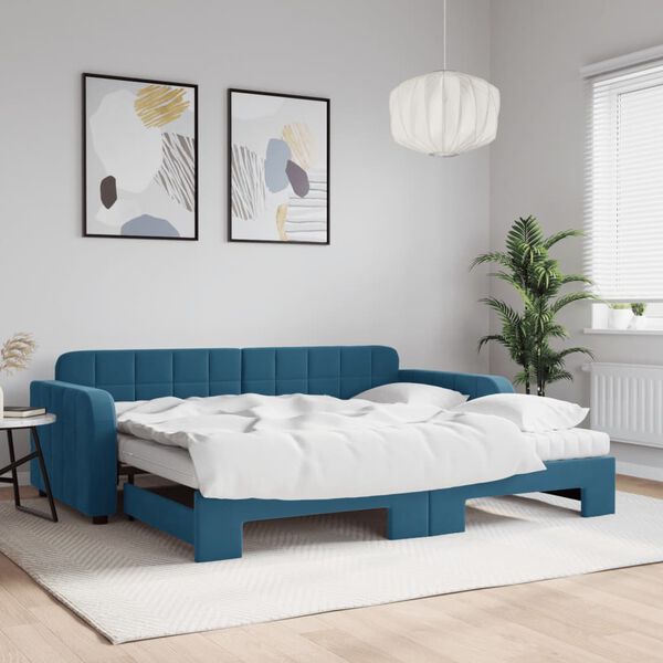 vidaXL Sof&aacute;-cama com gavet&atilde;o e colch&otilde;es 90x200 cm veludo azul
