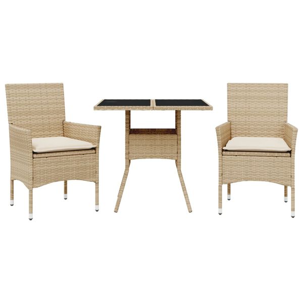 vidaXL 3 pcs conjunto jantar jardim com almofad&otilde;es vime PE/vidro bege