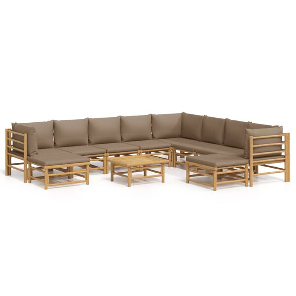 vidaXL 11pcs conj. lounge jardim bambu almofad&otilde;es cinzento-acastanhado