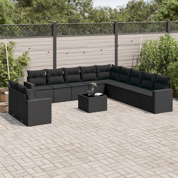 vidaXL 12 pcs conjunto de sof&aacute;s de jardim c/ almofad&otilde;es vime PE preto