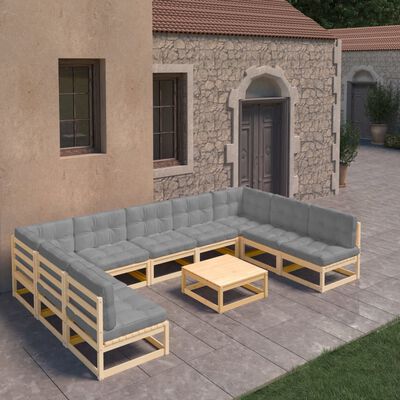 vidaXL 10 pcs conjunto lounge de jardim c/ almofadões pinho maciço