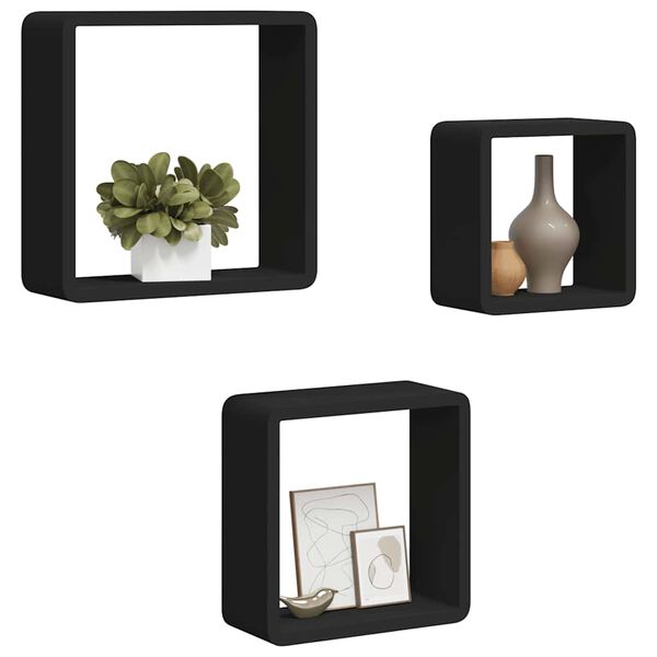 vidaXL Prateleiras de parede em forma de cubo 3 pcs MDF preto