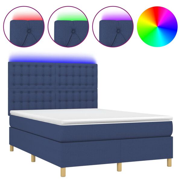 vidaXL Cama box spring c/ colch&atilde;o e LED 140x200 cm tecido azul