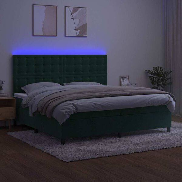 vidaXL Cama box spring c/ colch&atilde;o/LED 200x200 cm veludo verde-escuro